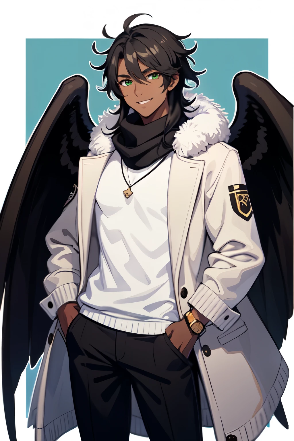 black hair, long hair, messy hair, fluffy hair, male, dark skin, green eyes, black wing, oversized sweater, pants, tall, masculine, smile, jacket, dark pants, university, thick hair, voluminous hair, professor, scarf, button up shirt