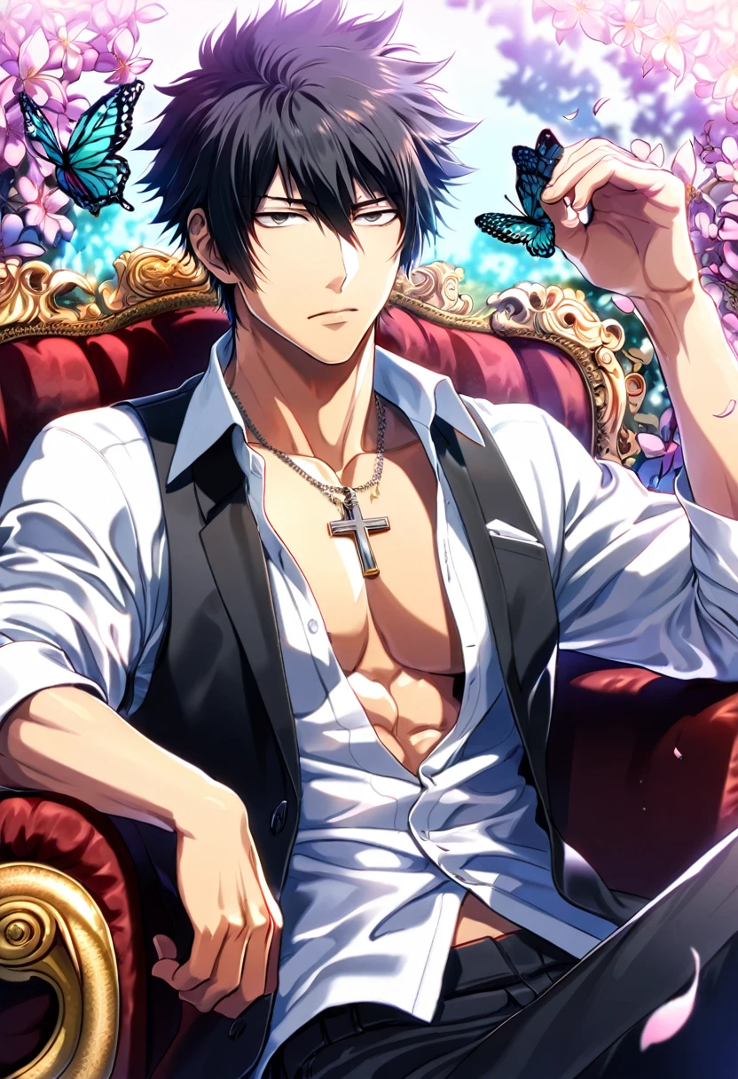 absurdres, highres, ultra detailed, HDR, master piece, best quality, Kougami Shinya, black hair, expressive gray eyes, psycho pass, solo, sexy man, handsome, toned chest, white shirt, black vest, sitting, cross, butterflies, petals