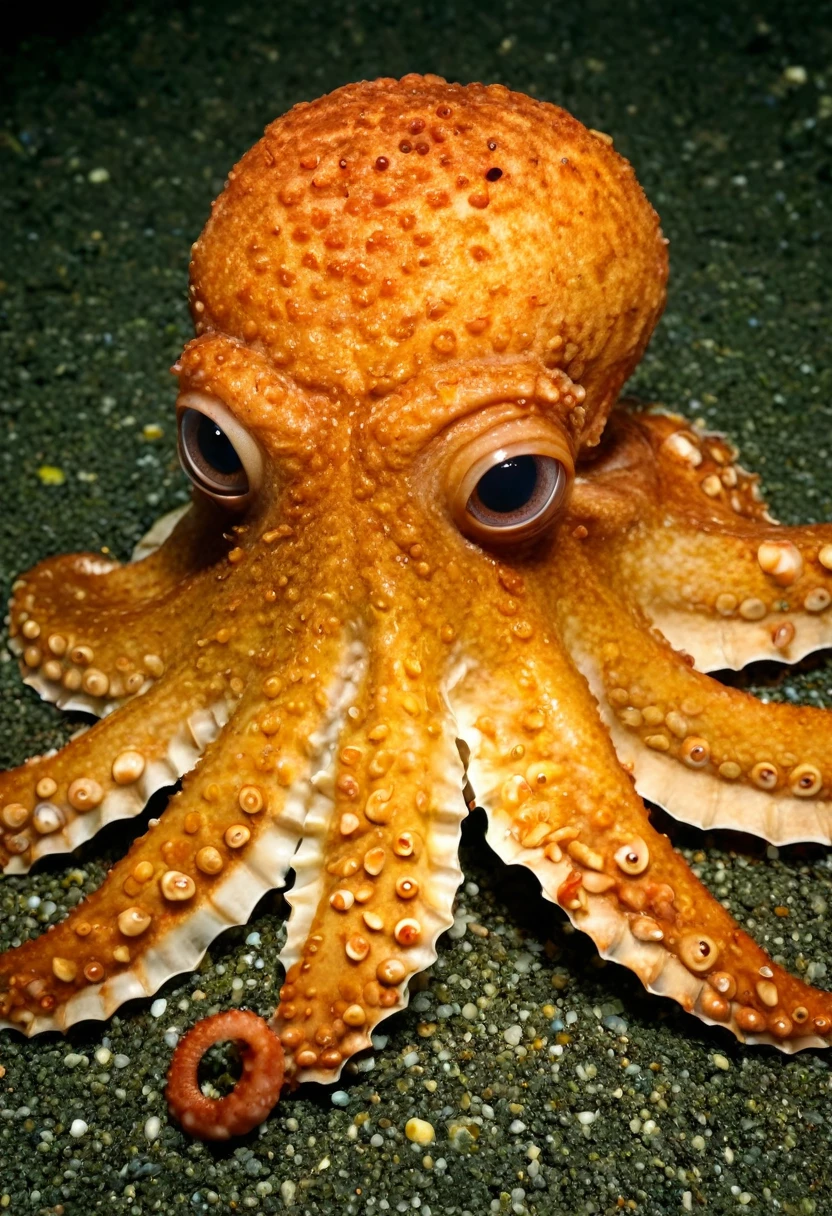 Octopus Unique features of Octopus Deep sea pollution Radioactive waste Collapse of ecosystem Collapse of food chain Unnatural coloration Rethinking of behavior Lost fins Realistic photos External morphology of painful tumors, octopus, laughing, Cute big eyes　pupil:1.5, Eating taiyaki