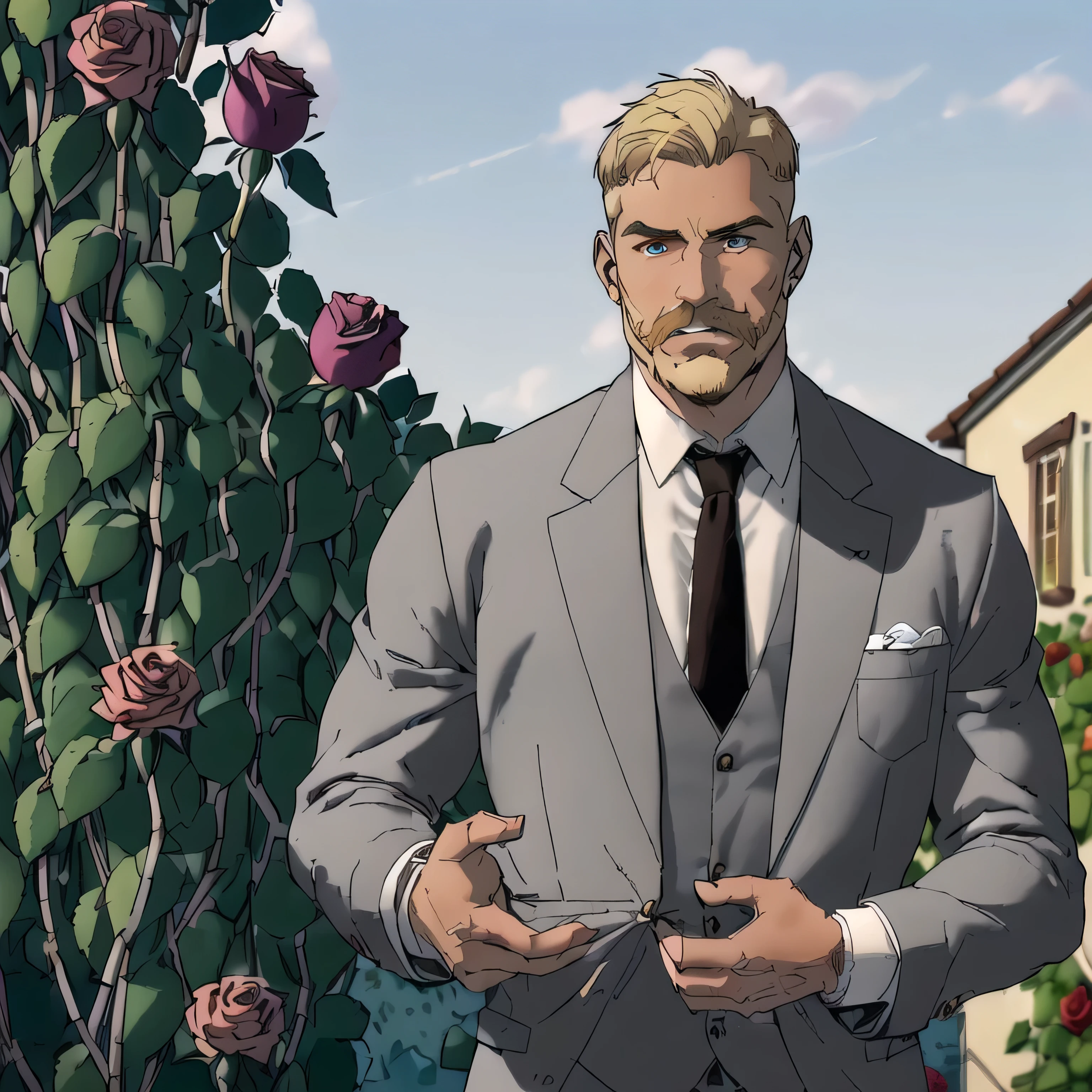 (1 person:1.6), (solo focus:1.4), masterpiece, best quality, high resolution, sharp focus, ultra detailed, 30 year-old man, (upper body only:1.4), standing, casual stance, detailed face, high detailed face, detailed face and body, (thin:1.7), (lean muscle:1.1), fair skin, (handsome:1.4), perfect face, (very short blond hair:1.7), (hair parted on side:1.3), (light brown mustache and beard:1.5), brown eyebrows, eyes open, blue eyes, slight smile, (large pectorals:1.2), (white collared shirt:1.4), (light gray three piece suit:1.6), (dark gray tie and pocket square:1.6), small waist, (hands in pockets:1.4), (very hairy forearms and hands:1.6), (background is a luxurious garden full of rose bushes with a bright blue sky overhead:1.8)