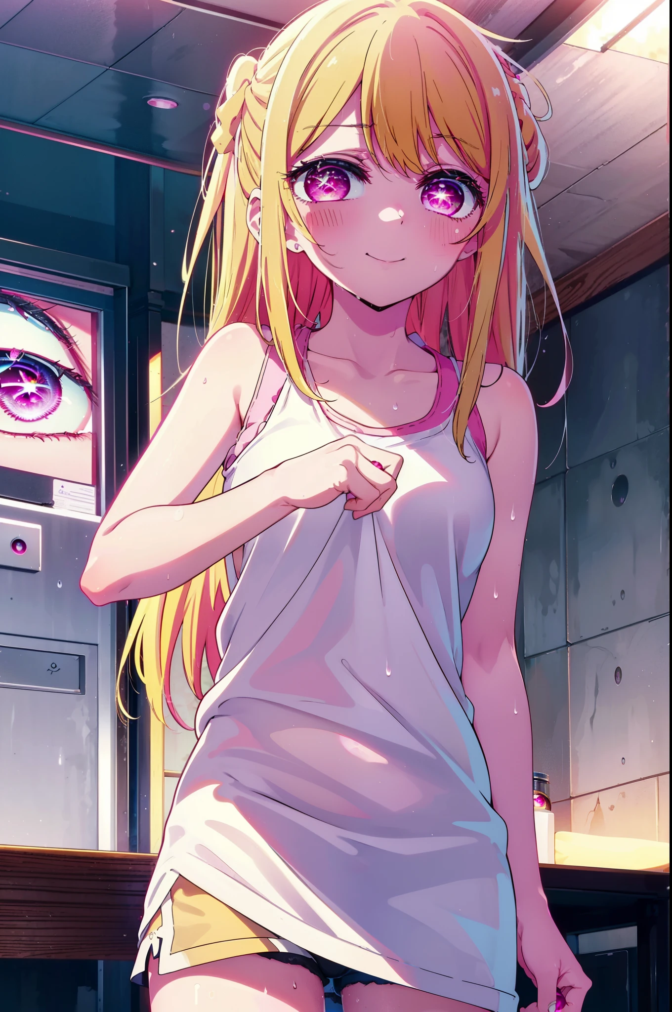 rubyhoshino, Hoshino Ruby, Long Hair, bangs, Blonde Hair, (Pink Eyes:1.3), (Symbol-shaped pupil:1.5), Multicolored Hair, Two-tone hair, happy smile, smile, Open your mouth,smile,Tank top shirt,Shorts,Belly button,Sweat,Wet Naked,Wet clothes,Eating ice cream,Sitting on a sofa,Daytime,
break indoors, room,
break looking at viewer, (Cowboy Shot:1.5),
break (masterpiece:1.2), highest quality, High resolution, unity 8k wallpaper, (figure:0.8), (Beautiful fine details:1.6), Highly detailed face, Perfect lighting, Highly detailed CG, (Perfect hands, Perfect Anatomy),