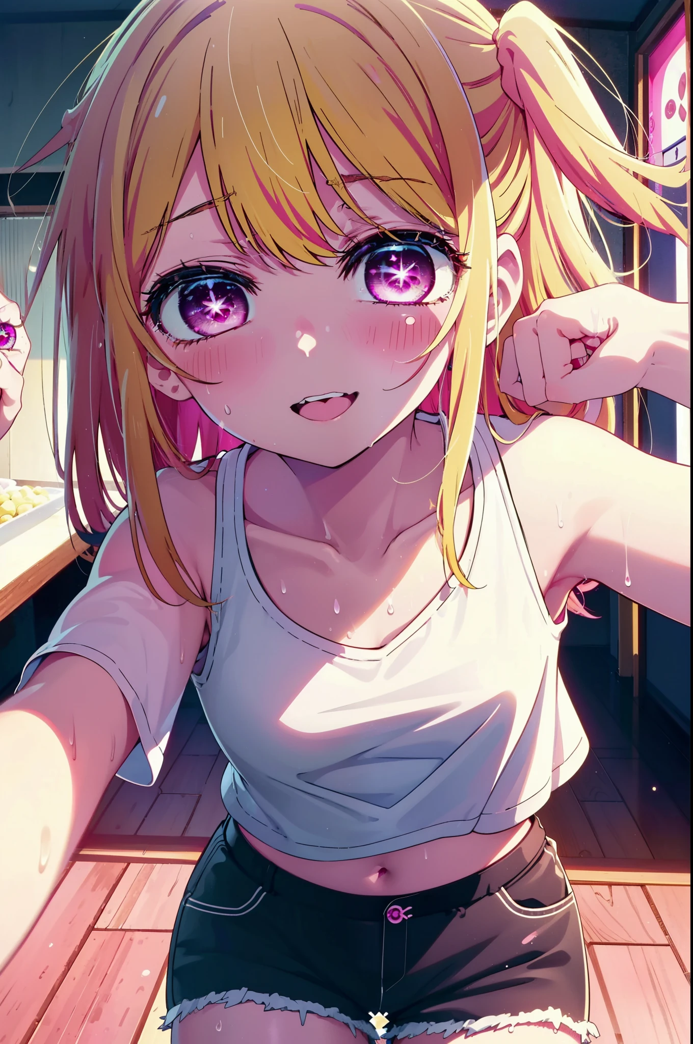 rubyhoshino, Hoshino Ruby, Long Hair, bangs, Blonde Hair, (Pink Eyes:1.3), (Symbol-shaped pupil:1.5), Multicolored Hair, Two-tone hair, happy smile, smile, Open your mouth,smile,Tank top shirt,Shorts,Belly button,Sweat,Wet Naked,Wet clothes,Eating ice cream,Sitting on a sofa,Daytime,
break indoors, room,
break looking at viewer, (Cowboy Shot:1.5),
break (masterpiece:1.2), highest quality, High resolution, unity 8k wallpaper, (figure:0.8), (Beautiful fine details:1.6), Highly detailed face, Perfect lighting, Highly detailed CG, (Perfect hands, Perfect Anatomy),