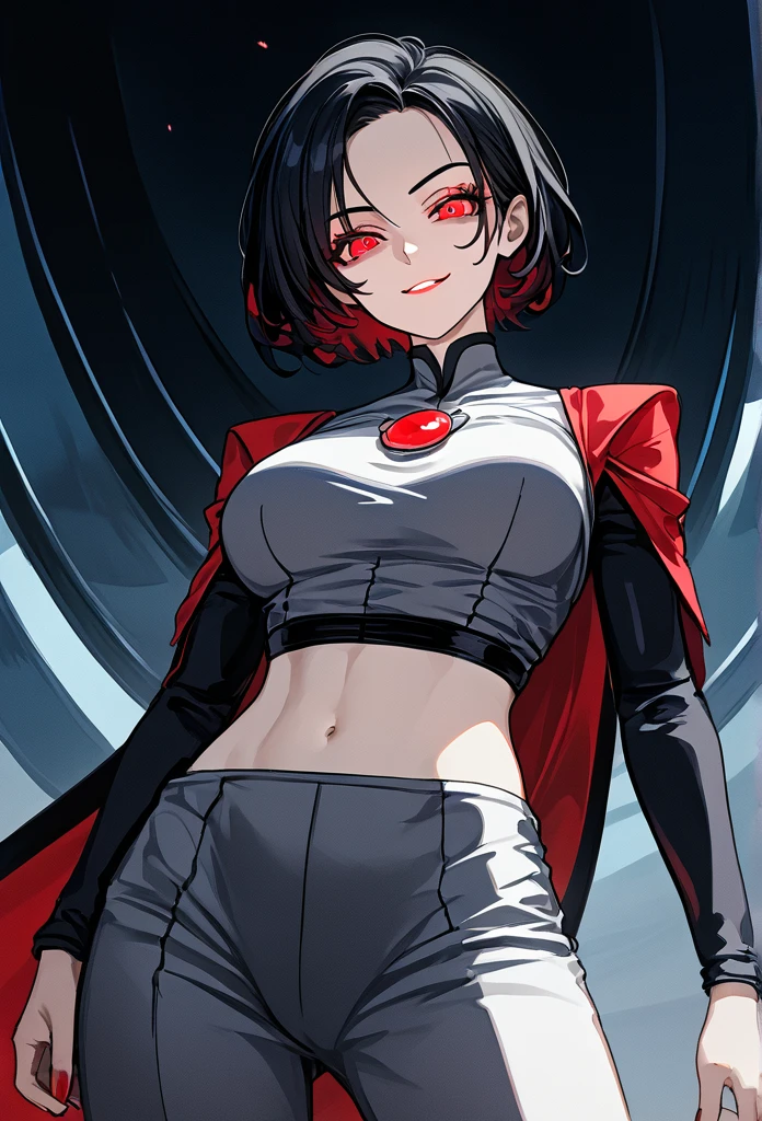 masterpiece, best quality, cowboy shot, view from below, 1girl, looking at viewer, crimson eyes, cool beauty, short hairstyle, black hair, red strands of hair, sharp eyes, mature face, slim body, villain clothes clothes, cool face, evil smirk, midriff clothes, fit girl, fit body, wild appearance, wild style
