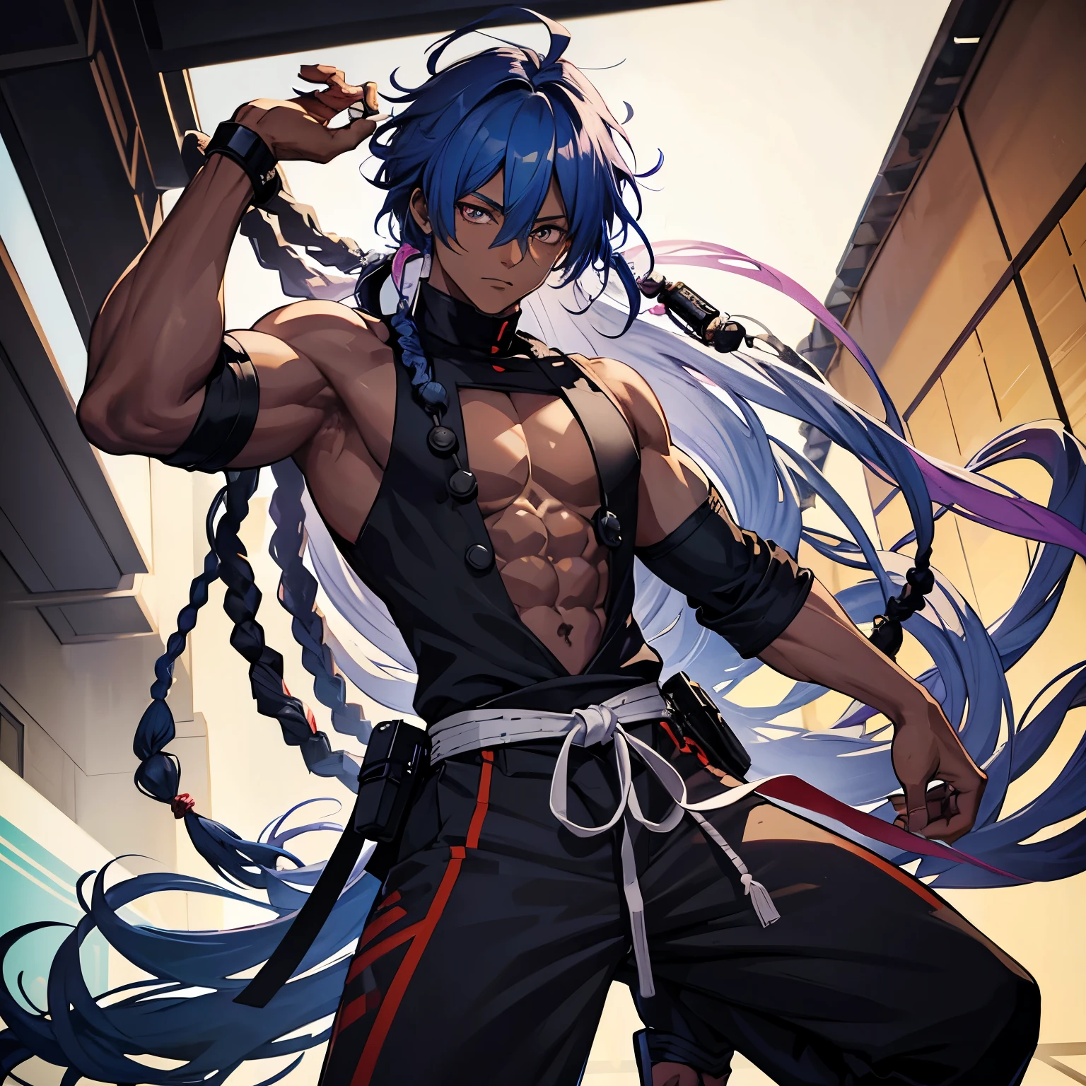jujutsu kaisen full body screencap of a
dark skin black african male, his skin is brown with a full head of long
pink dreadlocks with blue tips, the ends of his dreadlocks are light blue, he has around 100 dreadlocks, slim
positive canthal tilt hunter brown coloured
eyes. he is quite muscular wearing a black tank top with white harem trousers and a
black belt. background a training
Japanese dojo. jujutsu kaisen anime