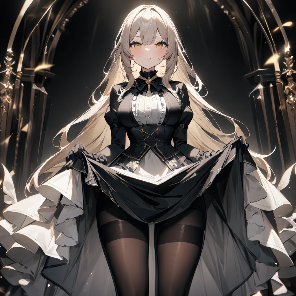 1 girl,best quality, very aesthetic,absurdres,looking at viewer,front view,Lovely lady,,skirt lift,high-grade,layer,westfrill,light hair,multilayer,blackcolor,trim,(side-Crisscross),breasts,upscale,Layered,yellow pale,blackglove,pantyhose,lovely