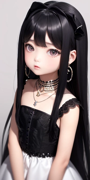 Top quality masterpiece illustrations、Black hair and black eyes、Wearing multiple necklaces、Wearing earrings、Little girl in black and white formal dress looking up、Cute and elegant face with long hair in the upward view. The angle of the lower body is fair.、More hair details、Wide Angle、