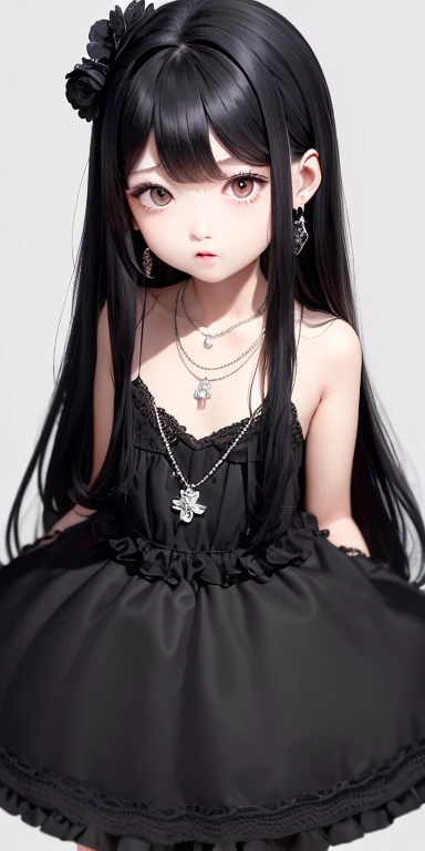 Top quality masterpiece illustrations、Black hair and black eyes、Wearing multiple necklaces、Wearing earrings、Little girl in black and white formal dress looking up、Cute and elegant face with long hair in the upward view. The angle of the lower body is fair.、More hair details、Wide Angle、