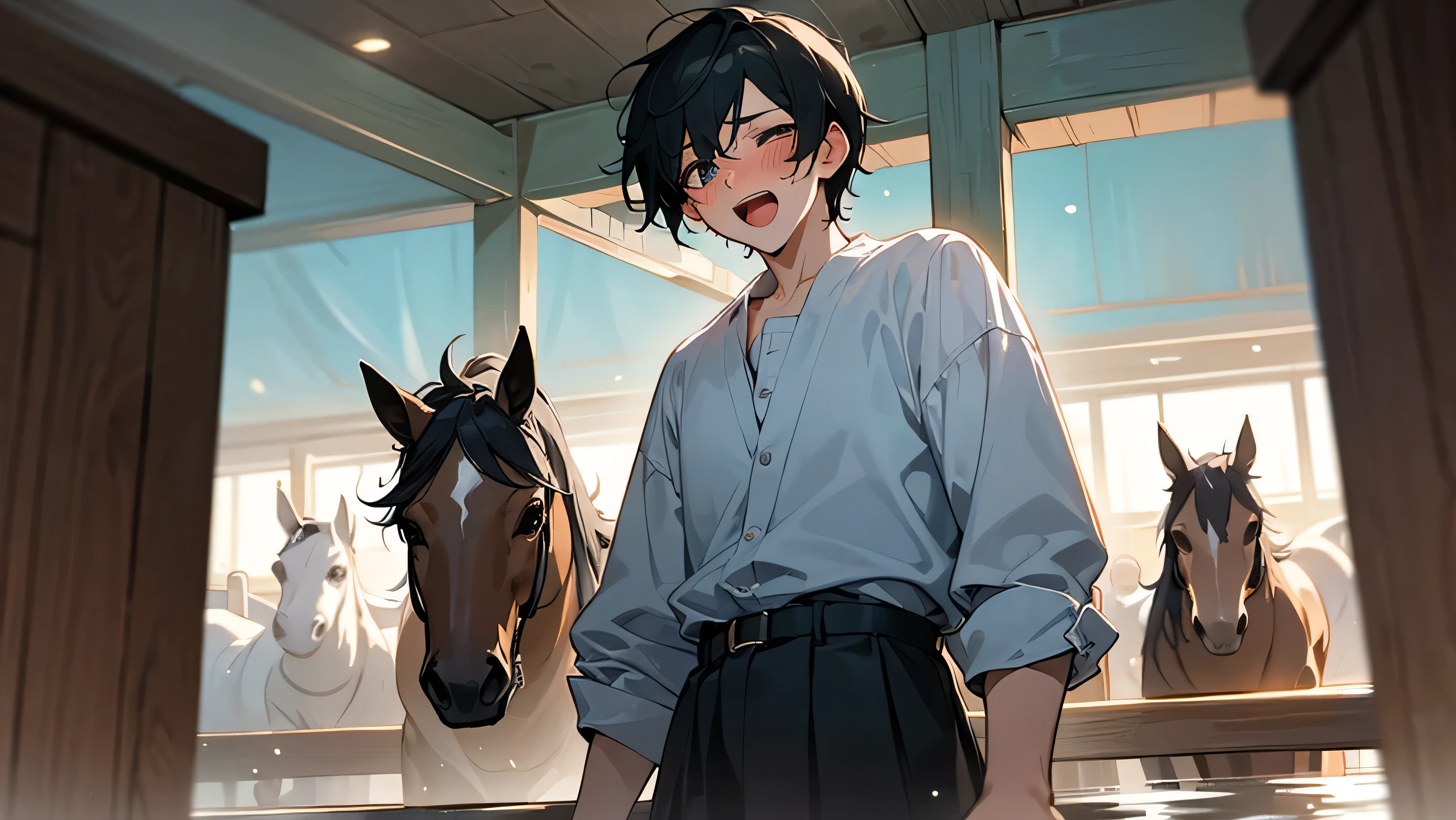 A high school boy screaming in a stable with horses、Handsome、blush、Eyes closed、try as hard as one can、Watery eye、Open your mouth wide、Are standing