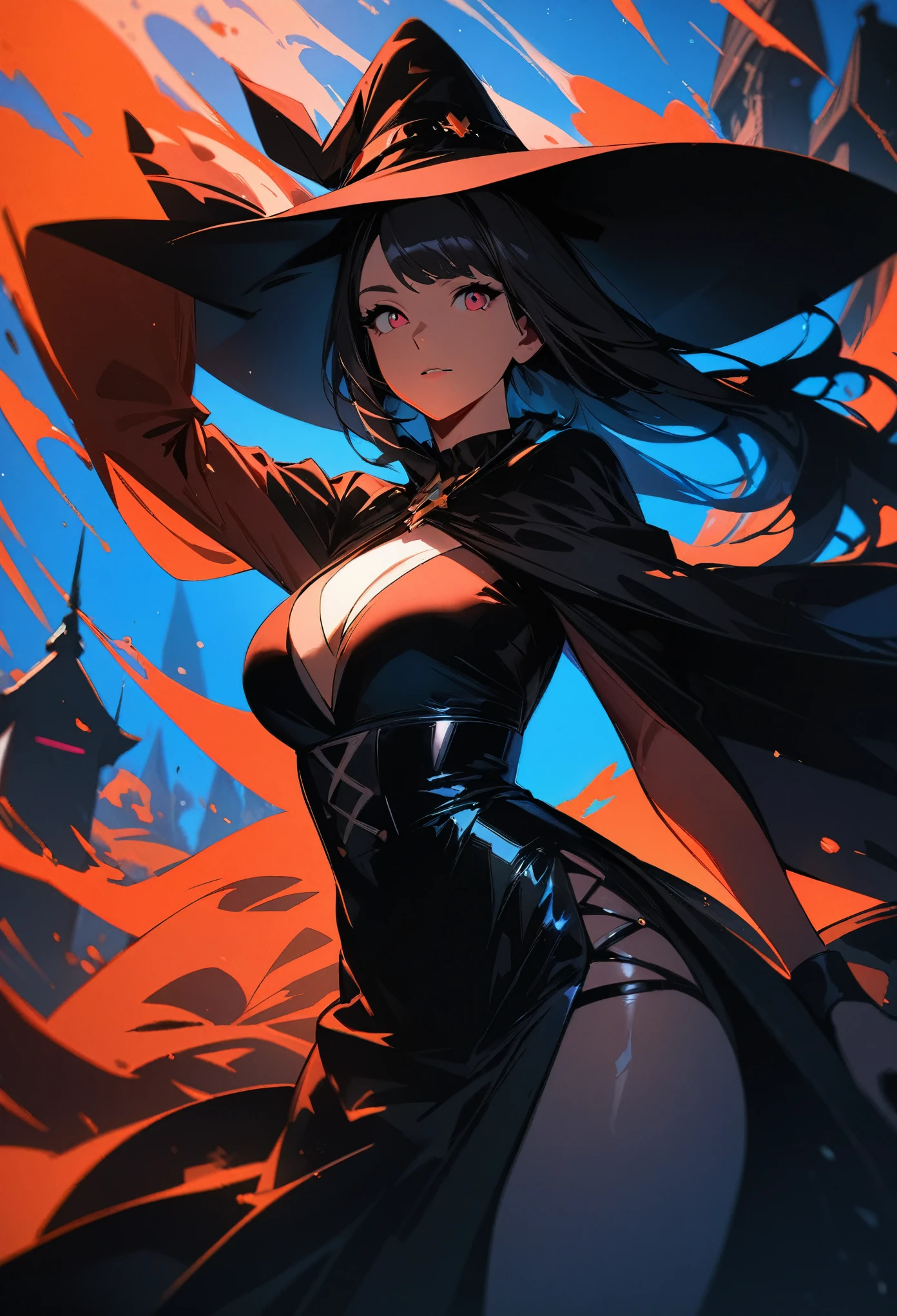 (best quality,8K,highres,masterpiece:1.2),ultra-detailed,1girl,erect nipples,witch hat,extremely long black hair,red eyes,wearing tight black bodysuit,round breasts,tight black stockings, full body,high res,ultrasharp