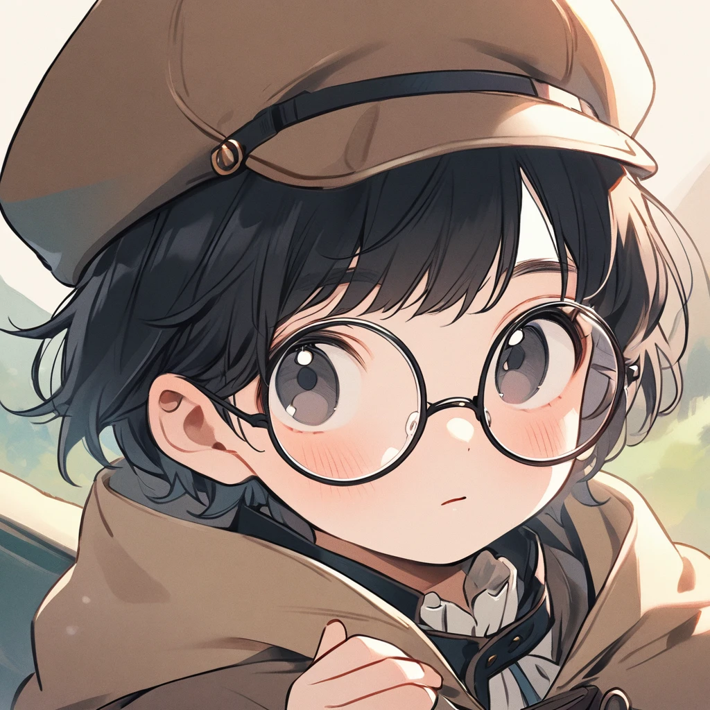 Boy, black hair, pastel colors, face close up, adventure, explorer, brown beret, round glasses, simple, black eyes, cute, detective, ???