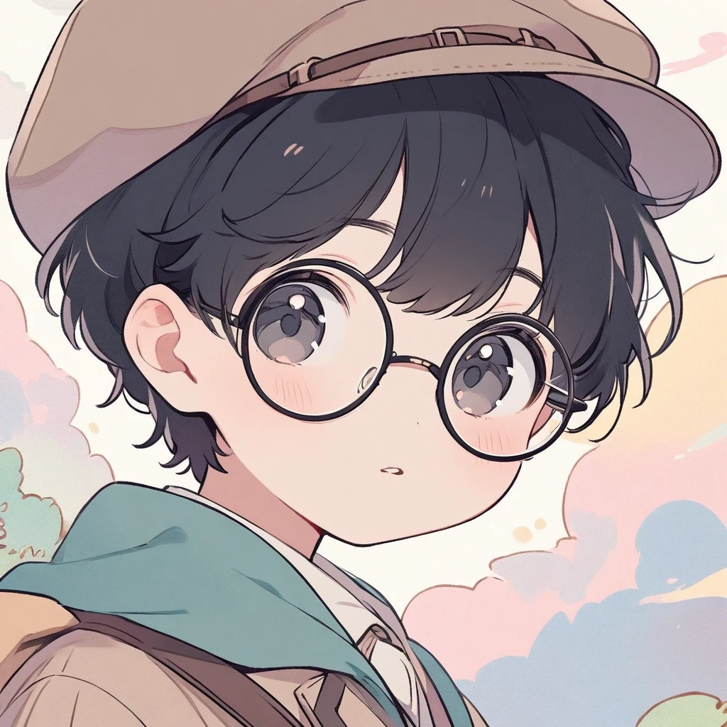 Boy, black hair, pastel colors, face close up, adventure, explorer, brown beret, round glasses, simple, black eyes, cute, detective, kid