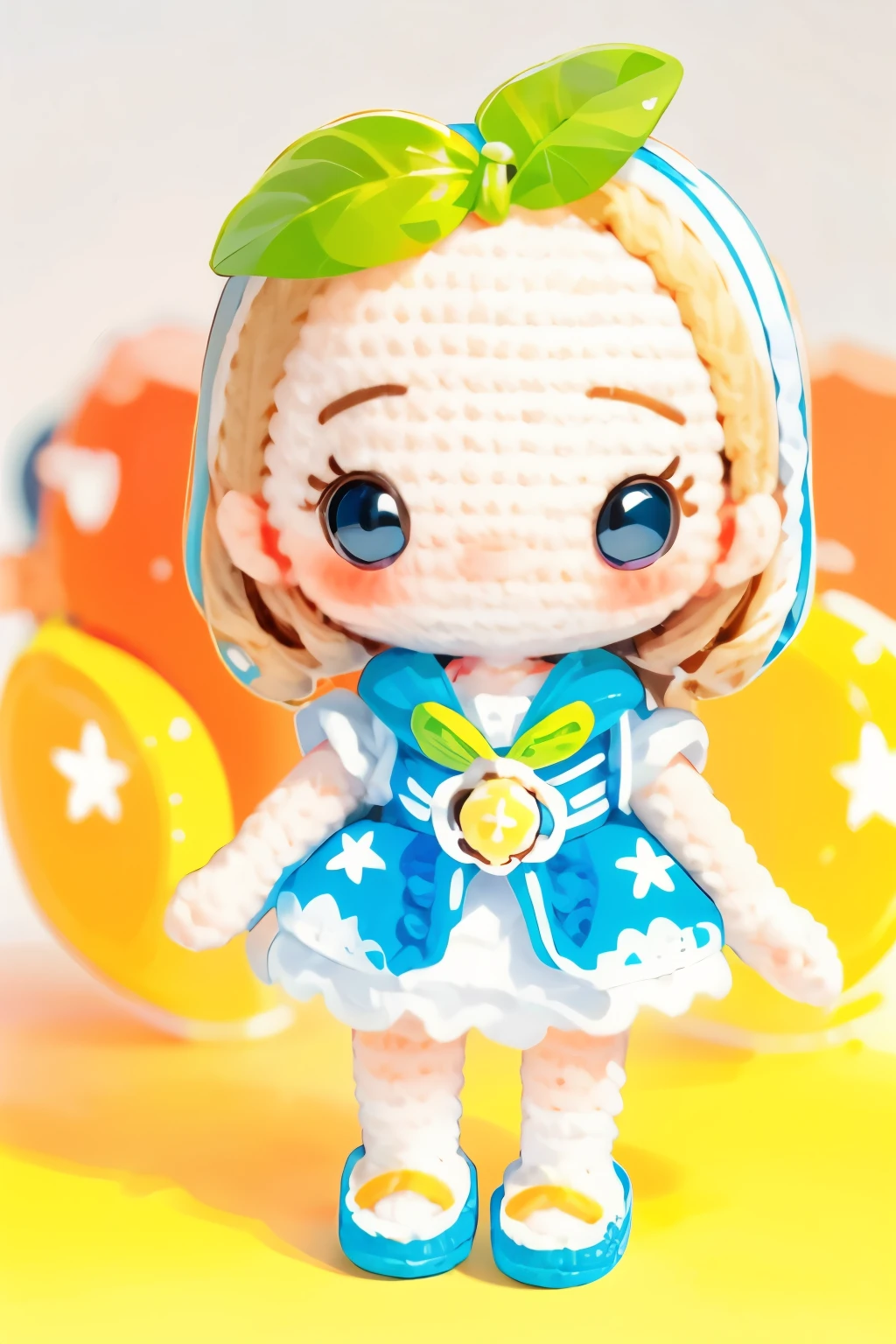 Photorealistic、Chibi Girl Doll(Apple-themed clothing、Have a magic wand、smile、Vibrant colors)