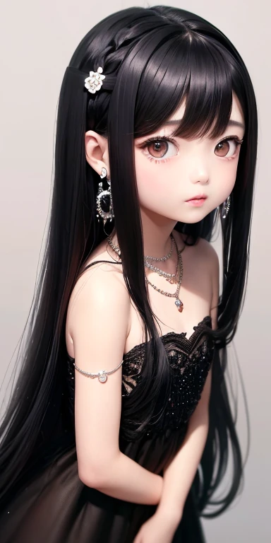 Top quality masterpiece illustrations、Black hair and black eyes、Wearing multiple necklaces、Wearing earrings、 in black and white formal dress looking up、Cute and elegant face with long hair in the upward view. The angle of the lower body is fair.、More hair details、Wide Angle、