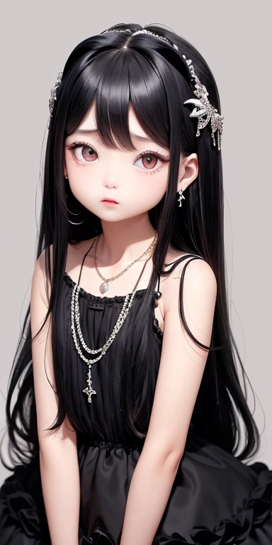 Top quality masterpiece illustrations、Black hair and black eyes、Wearing multiple necklaces、Wearing earrings、Little girl in black and white formal dress looking up、Cute and elegant face with long hair in the upward view. The angle of the lower body is fair.、More hair details、Wide Angle、