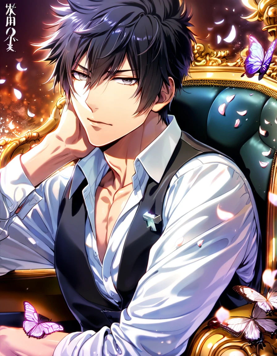 absurdres, highres, ultra detailed, HDR, master piece, best quality, Kougami Shinya, black hair, expressive gray eyes, psycho pass, solo, sexy man, handsome, toned chest, white shirt, black vest, sitting, cross, butterflies, petals