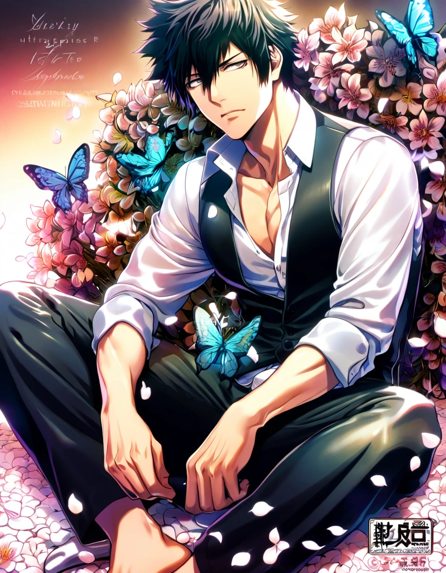 absurdres, highres, ultra detailed, HDR, master piece, best quality, Kougami Shinya, black hair, expressive gray eyes, psycho pass, solo, sexy man, handsome, toned chest, white shirt, black vest, sitting, cross, butterflies, petals