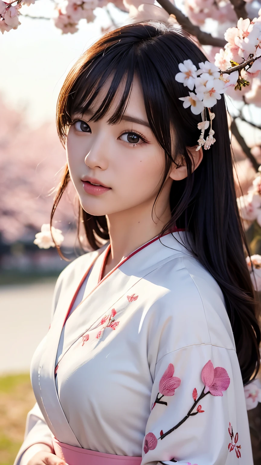(logo、masterpiece、8k、Tabletop、RAW Photos、wonderful、最high quality、Photorealistic and hVery detailed CG integrated 8k wallpaper、high quality、Very detailed、Narrative poem、Particle Effects、Dynamic Effects、Written boundary depth、Cinematic Light、Lens flare、Ray Tracing)、Fantasy、 (1. Beautiful Women、White kimono、Japan Dress、White cherry blossom pattern、White cherry blossom embroidery pattern、Black-haired、Beautiful Face、True Face、Beautiful details、eye、Beautiful Skin)、Hair flutters in Wind、Hair bounces、Pink cherry blossom tree、Petals fluttering、SakuraFubuki、wonderful景色、sunrise、Sun in the background、Wind、god々、teeth、god話、Vast land、