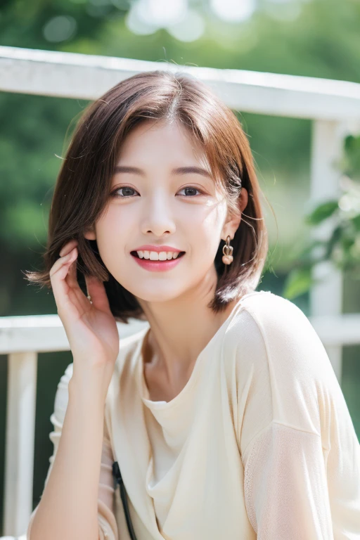 ((highest quality、8k、masterpiece:1.3))、One Girl、Hairstyle Casual Ultra Slim Face、Delicate eyes、double eyelid、Laughter、Home、Very Short Hair、Facing forward、Stand upright、Clean atmosphere、Tie your hair up