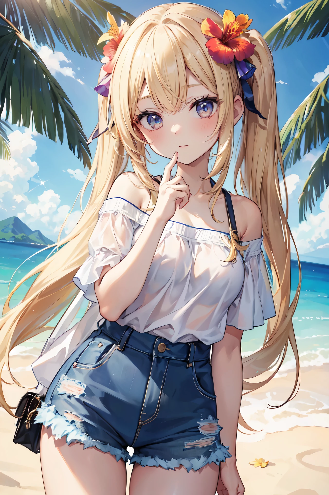 ((highest quality)), ((masterpiece)), (detailed), Perfect Face, ((highest quality, 8k, masterpiece: 1.3)), Highly detailed face and skin texture, Fine grain, double eyelid, Girl with big flower in her hair, hibiscus, Phalaenopsis orchid, Dahlia, Blonde, Low twin tails, Off the shoulder, White T-shirt, Denim shorts, Midsummer Beach, blue sky, Strong sunlight, Cowboy Shot, Underarm