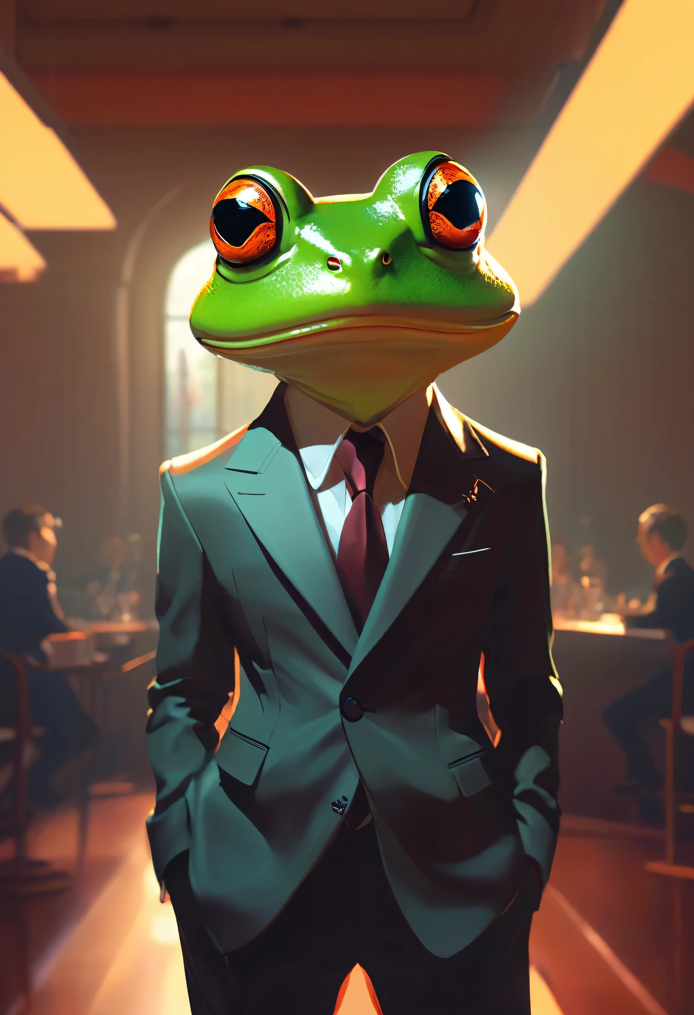 a frog wearing a suit, cinematic lighting, detailed, cell shaded, 4 k, warm colours, concept art, by wlop, ilya kuvshinov, artgerm, krenz cushart, greg rutkowski, pixiv, cinematic dramatic atmosphere, sharp focus, volumetric lighting, cinematic lighting, studio quality