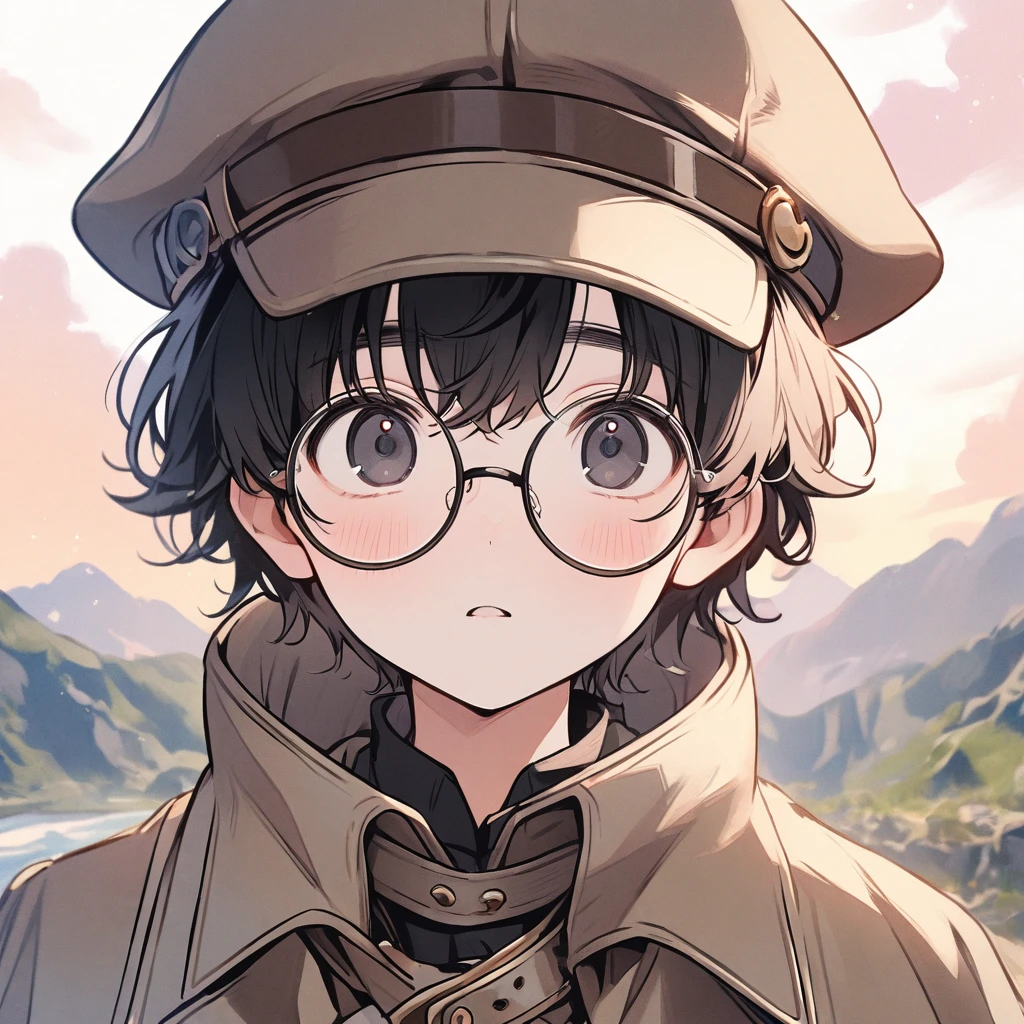 Boy, black hair, pastel colors, face close up, adventure, explorer, brown beret, round glasses, simple, black eyes, cute, detective