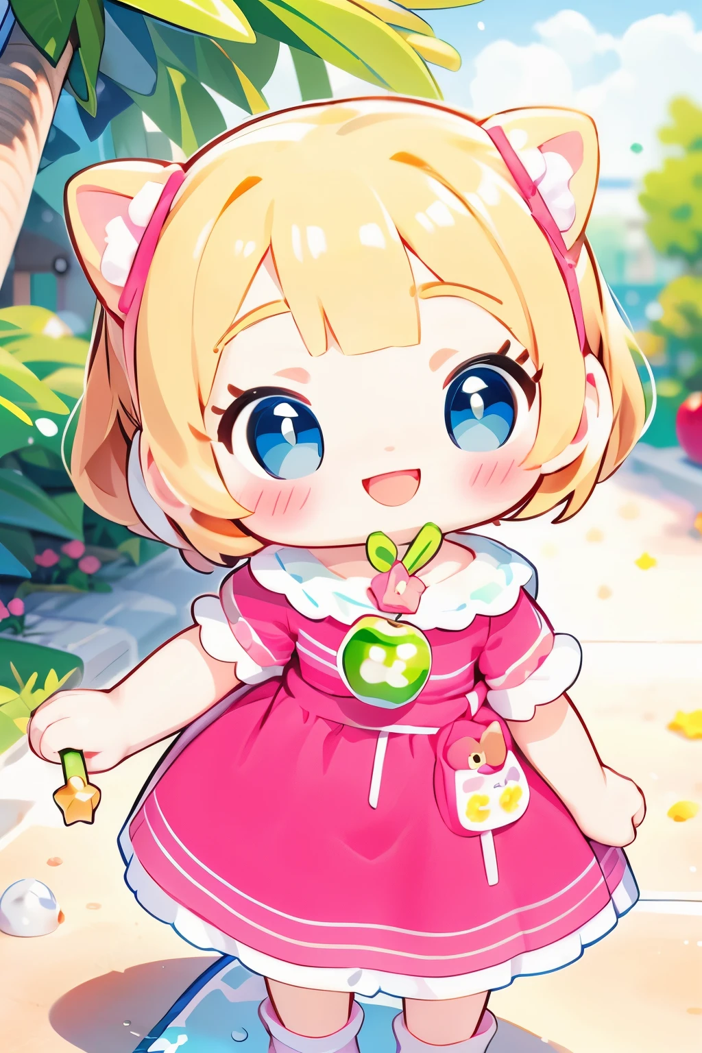 Photorealistic、Chibi Girl Doll(Apple-themed clothing、Have a magic wand、smile、Vibrant colors)