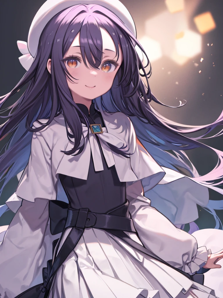 masterpiece、highest quality、High resolution、Very detailed、Very 、Lolita、cute、Hair between the eyes、、Sailor suit、White Skirt、Black jacket、White collar、Black and purple gradient hair、Blue bristles、、Long hair down to the waist、Hair that bounces out、Orange Eyes、Smiling、