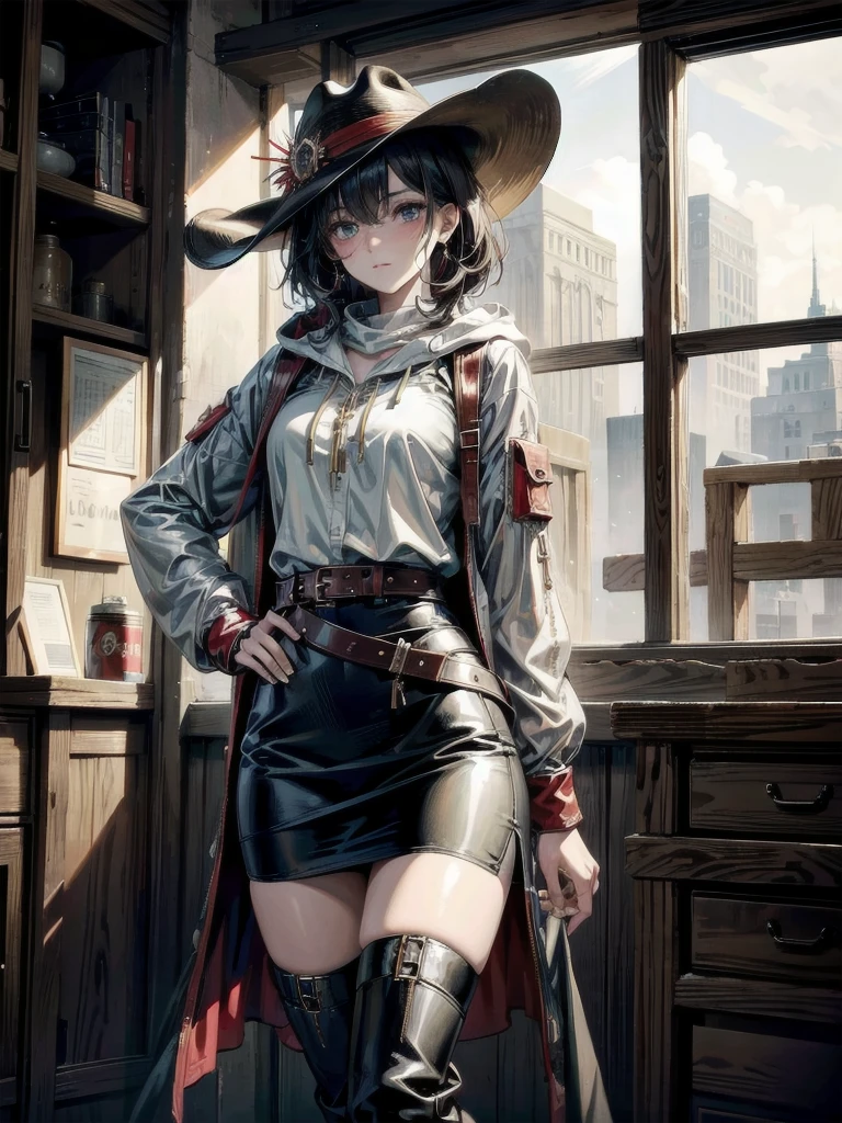 cool cowgirl, cowboy hat, blouse, decorated hooded armor jacket, cross belt, short pencil skirt, Red leather long boots, absurdres, RAW photo, extremely delicate and beautiful, masterpiece, Best Quality, ultra high resolution, 32k, hyperrealistic, ultra-detailed, detailed description, pale skin, 20 years old, tearful mole, earring, short medium hair, wavy hair, whole body shot,