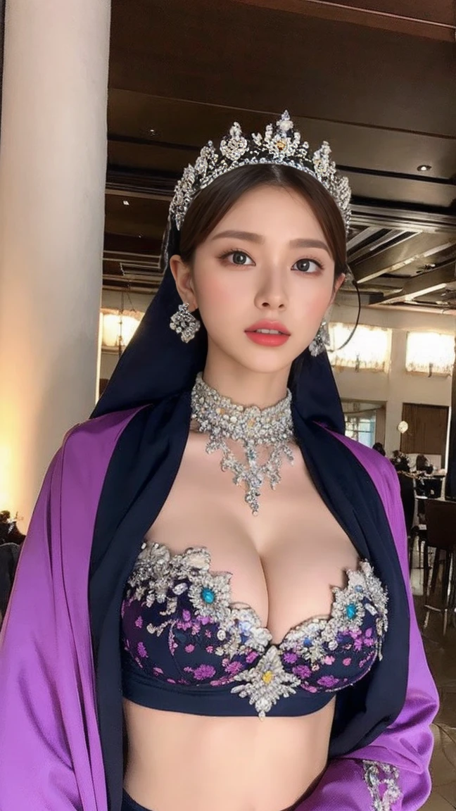 ((Large Breasts:1.3))colorful, null, Flowers, Magic, Fantasy, That, highest quality,beautiful detailed hijabi,Fascinating face,Tzuyu、Aiu、Your ,Long eyelashes,Wearing a colorful bellydancer,Detailed explanation,huge ,With cleavage, Underbust, Side bust,Looking into the camera, Hogwarts