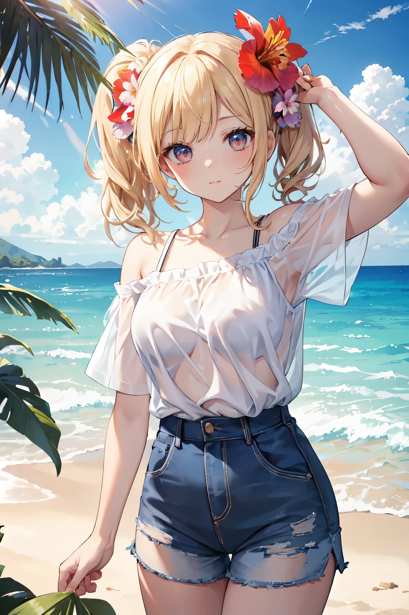 (半袖Aloha Shirt、Aloha Shirt:1.3)、(Open shirt、smile:1.4)、masterpiece、highest quality、Cowboy Shot、hot pants、Thighs、Beautiful girls、Blonde、Beach、Blue sky and sea、Looking at the viewer、Small waist、8k、Official Art、生のphotograph、Incredibly absurd、Face Light、Dynamic Lighting、Cinematic lighting、Bikini Tops、Ultra-realistic、High resolution、photograph、Film Grain、chromatic aberration、Sharp Focus、Highest detail、 Palm tree、Very detailed、Super detailed、Finely detailed、Very detailedな目と顔