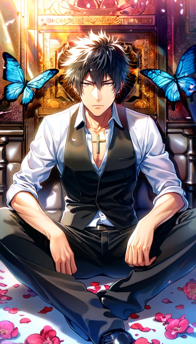 absurdres, highres, ultra detailed, HDR, master piece, best quality, Kougami Shinya, black hair, expressive gray eyes, psycho pass, solo, sexy man, handsome, toned chest, white shirt, black vest, sitting, cross, butterflies, petals