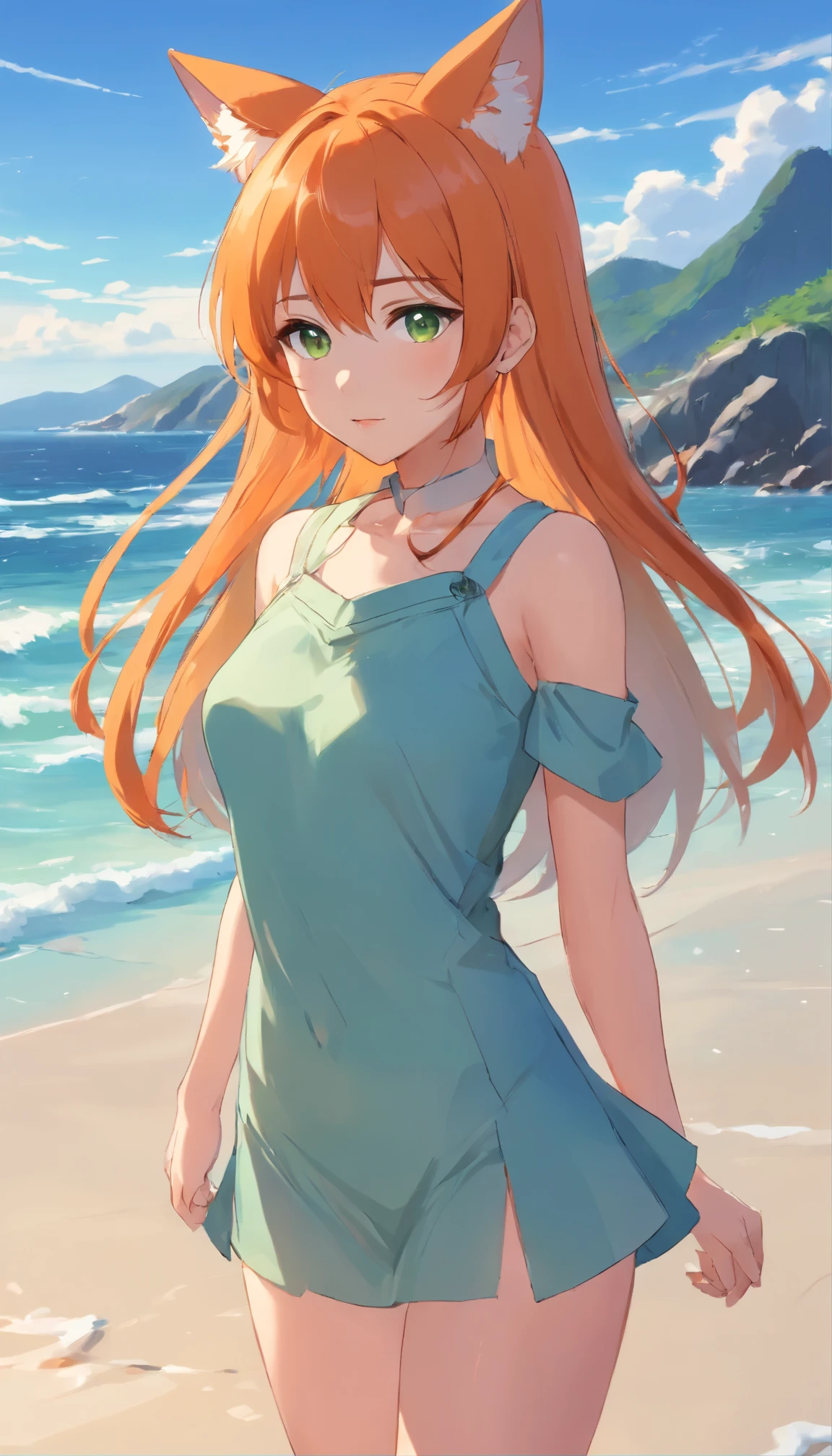 anime girl with long orange hair standing on beach near ocean, green eyes detailed digital anime art, cat ears, , anime girl with long hair, smooth anime cg art, anime girl with long hair, average breast size, digital anime art, artwork in the style of guweiz, beautiful anime portrait, photorealistic anime girl render, beautiful anime girl, perfect woman, advanced digital anime art, pantyhose, guweiz on artstation pixiv upscale HD UHD HQ big ass big