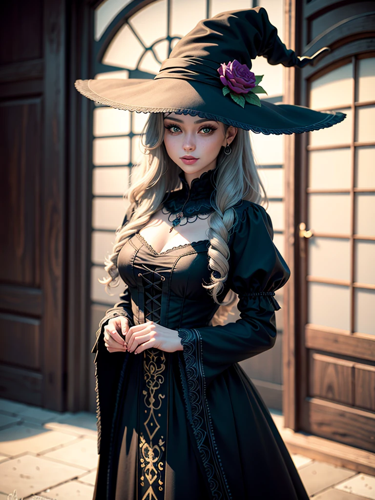 (best quality,4k,8k,highres,masterpiece:1.2),ultra-detailed,(realistic,photorealistic,photo-realistic:1.37),black long dress,big hat,witch clothes,beautiful detailed eyes,beautiful detailed lips,extremely detailed eyes and face,longeyelashes,friendly smile,slim body,standing,shy expression,soft lighting,traditional oil painting style,vivid colors,soft pastel color palette