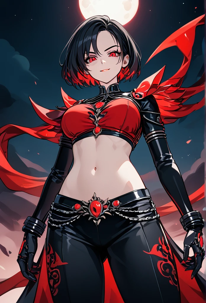 masterpiece, best quality, cowboy shot, view from below, 1girl, looking at viewer, crimson eyes, cool beauty, short hairstyle, black hair, red strands of hair, sharp eyes, mature face, slim body, villain clothes clothes, cool face, evil smirk, exotic clothes, midriff clothes, fit girl, fit body, wild appearance, wild style