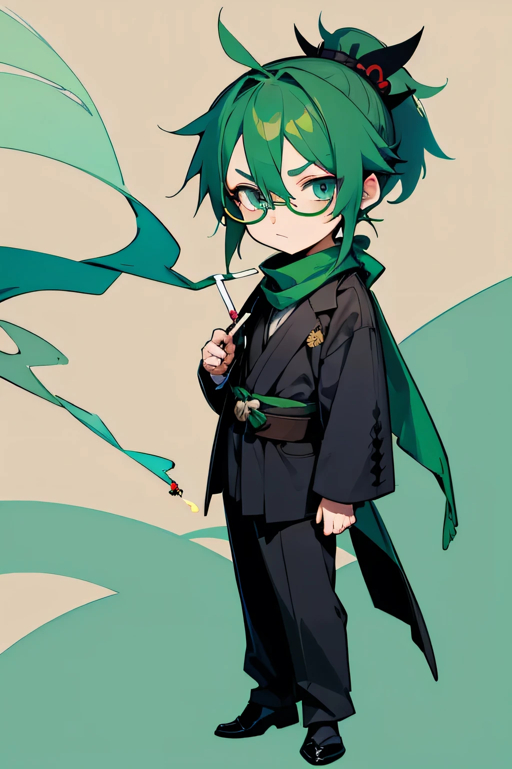 1boy, green hair, green and blue odd eyes, long hair, ponytail, samurai, scarf, glasses, holding a cigarette, are standing, whole body, chibi