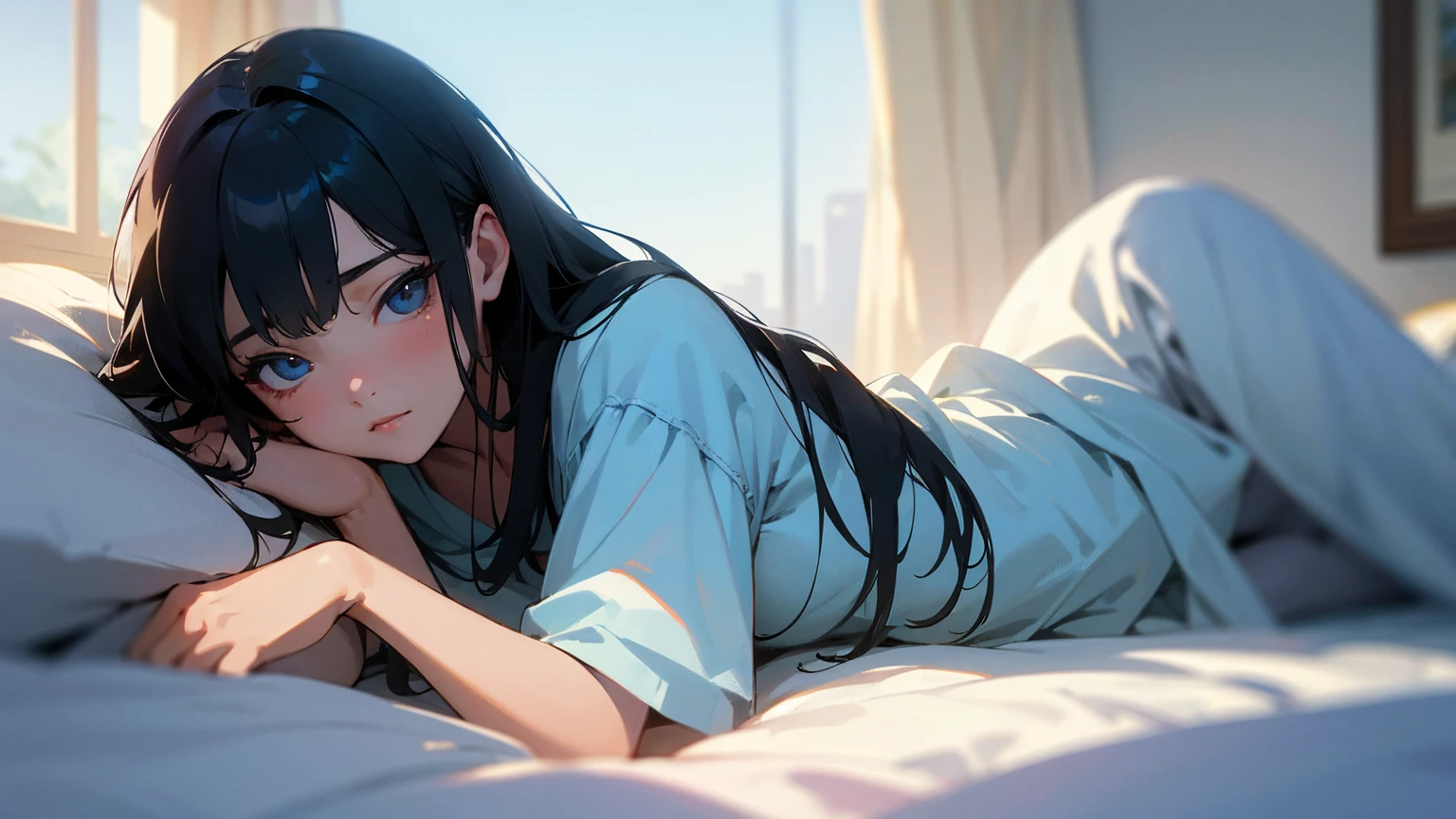 Photorealistic、Highest quality、Highest Resolution、highest quality、8K、1人のBeautiful woman、Beautiful woman、Beautiful woman、morning、Just woke up、Waking up、Looks sleepy、in bed、Beautiful background、Fantastic World、Mysterious World、precious、ephemeral、