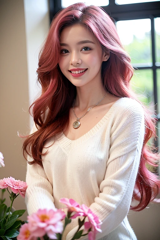 ((highest quality))、((photograph))、((Her hair is pink))((Hot pink long hair))、(long hair of bright pink color,,)、((She is surrounded by flowers))、She smiles gently、indoor、A white sweater with a wide neckline、Wearing a necklace