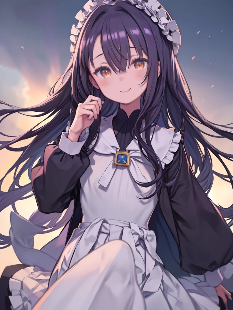 masterpiece、highest quality、High resolution、Very detailed、Very 、Lolita、cute、Hair between the eyes、、(Sailor suit)、White Skirt、Black jacket、White collar、Black and purple gradient hair、Blue bristles、、Long hair down to the waist、Hair that bounces out、Orange Eyes、Smiling、