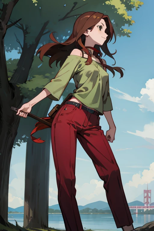 Lake Izu,((highest quality)), ((masterpiece)), (be familiar with),One female,Long Hair, Brown Hair, Brown eyes, Green Shirt,(Small breasts), Hair on one eye, Off the shoulder, Exposing shoulders,((Erect nipples)),Red pants