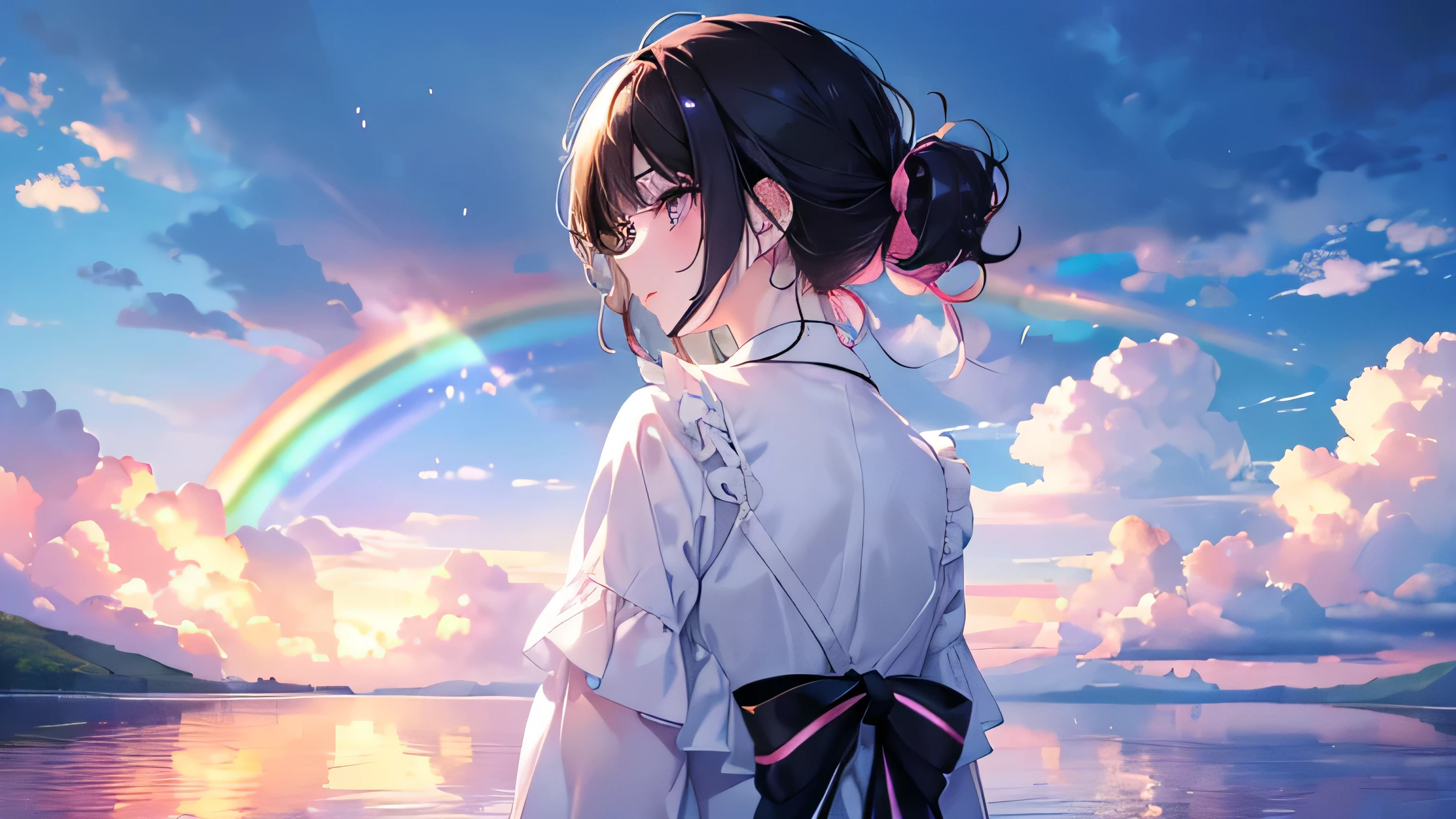 ((high school girl)), (Highest quality、masterpiece、Super fine、Super fine、Exquisite、16k、Full HD) 、((Back view)) 、 ((Sky after rain、a rainbow appears)),Black Hair,Soft sunlight、((Clear skies)) 、Black Eyes、Long eyelashes、White skin、Pale pink lips、(Pale pink cheeks、thin and long)、