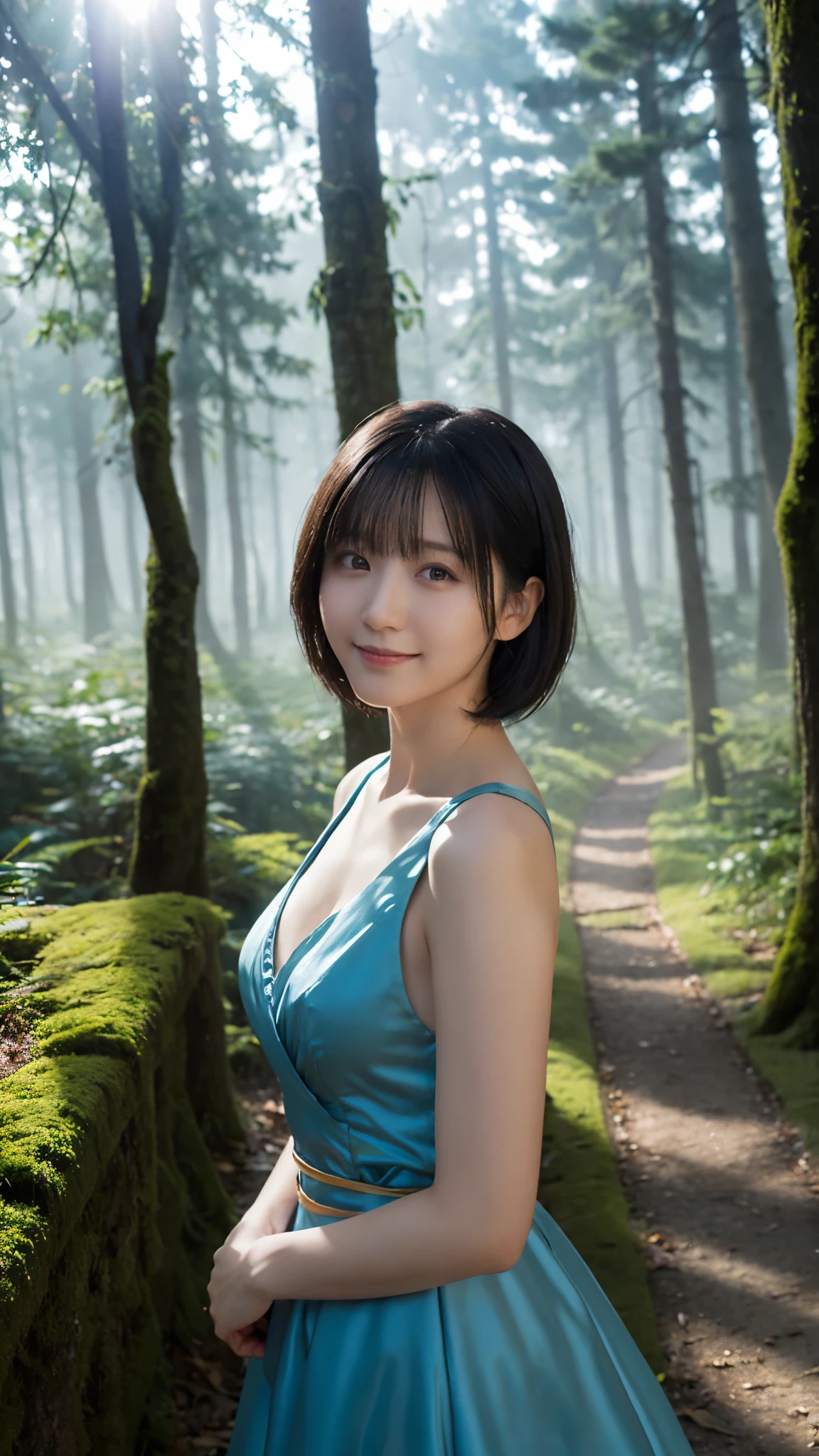 (highest quality,masterpiece:1.3,Ultra-high resolution),(Super detailed,Caustics,8k), (Photorealistic:1.4, RAW shooting),(A forest shrouded in a mysterious, dense fog),Sunlight filtering through the trees ,Light pours down,Japanese,20-year-old,cute,Are standing,(smile),Looking into the camera,Short black hair,(Light Blue Dress), (Waist up shot),(High angle),Natural light