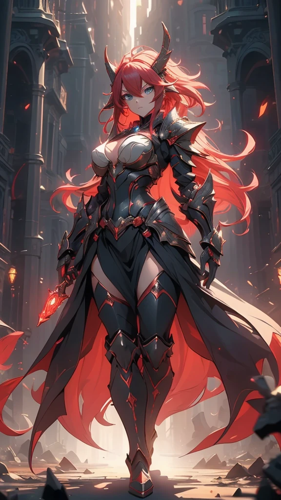 (masterpiece), (best quality), (high uqality), (8k), girl, (full-body), dragon armor, intricate details, red glow, short shilver hair, back messy hair, detailed hair strands, light blue eyes, dominance expression, walking in lesser caotic place as she rule the world, fire background, and dragons in the night sky, fierce aura, (high quality ilumination)
