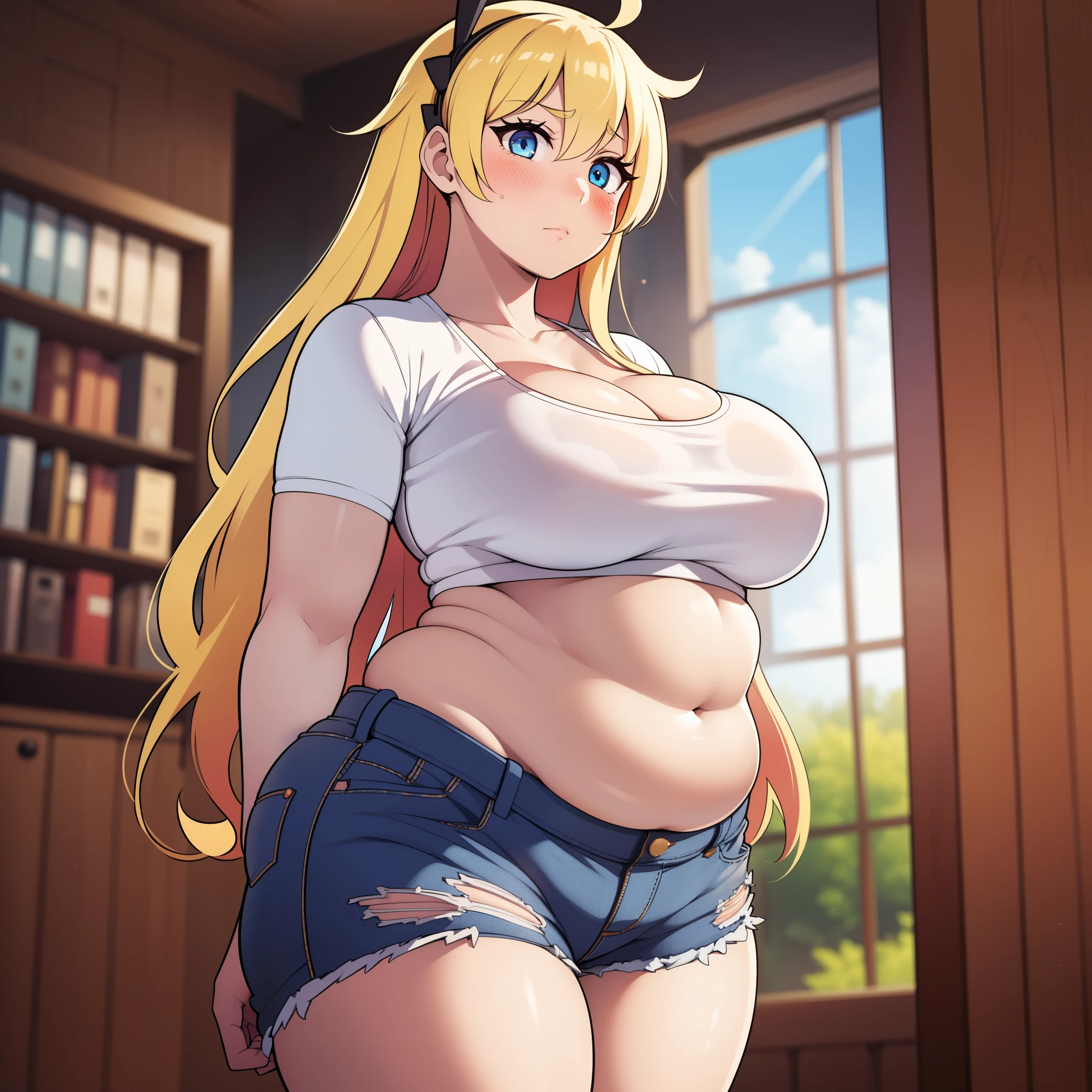 ((highres)), Masterpiece, high quality, best quality, beautiful, perfect lighting, detailed face, ultra cute face, cowboy shot, ((blush)), (((1girl))), ((solo)), long messy blonde hair, blue eyes, crop top and shorts, skindentation, full body, fast food restaurant, cleavage, medium breasts, ((wide hips)), ((thick thighs)), ((plump)), chubby belly, fat folds, belly hang, standing,