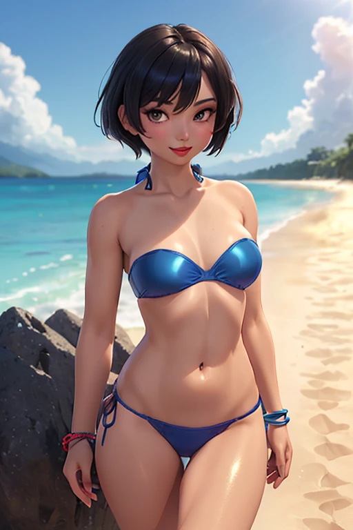 8K, (best quality:1.3), (masterpiece:1.3), (detailed:1.2), 1girl, solo, ((26 year old:1.3, Filipino Woman:1.3, short black hair:1.3, Amber eyes:1.2, Detailed face, Detailed eyes, tanned bronze skin:1.08, agile physique:1.08, Perfect Anatomy, (mature female),(shiny skin), glossy lips, lipstick, (Wearing: Strapless Blue bikini bra, Blue Bikini bottom, bracelets:1.2)), (Character Focus),Perfect Anatomy,(Professional Lighting), Looking at Viewer, (walking), (Smiling),blush,(super detailed skin), dynamic pose, (Background: outdoors, beach of the Philippines), full body,