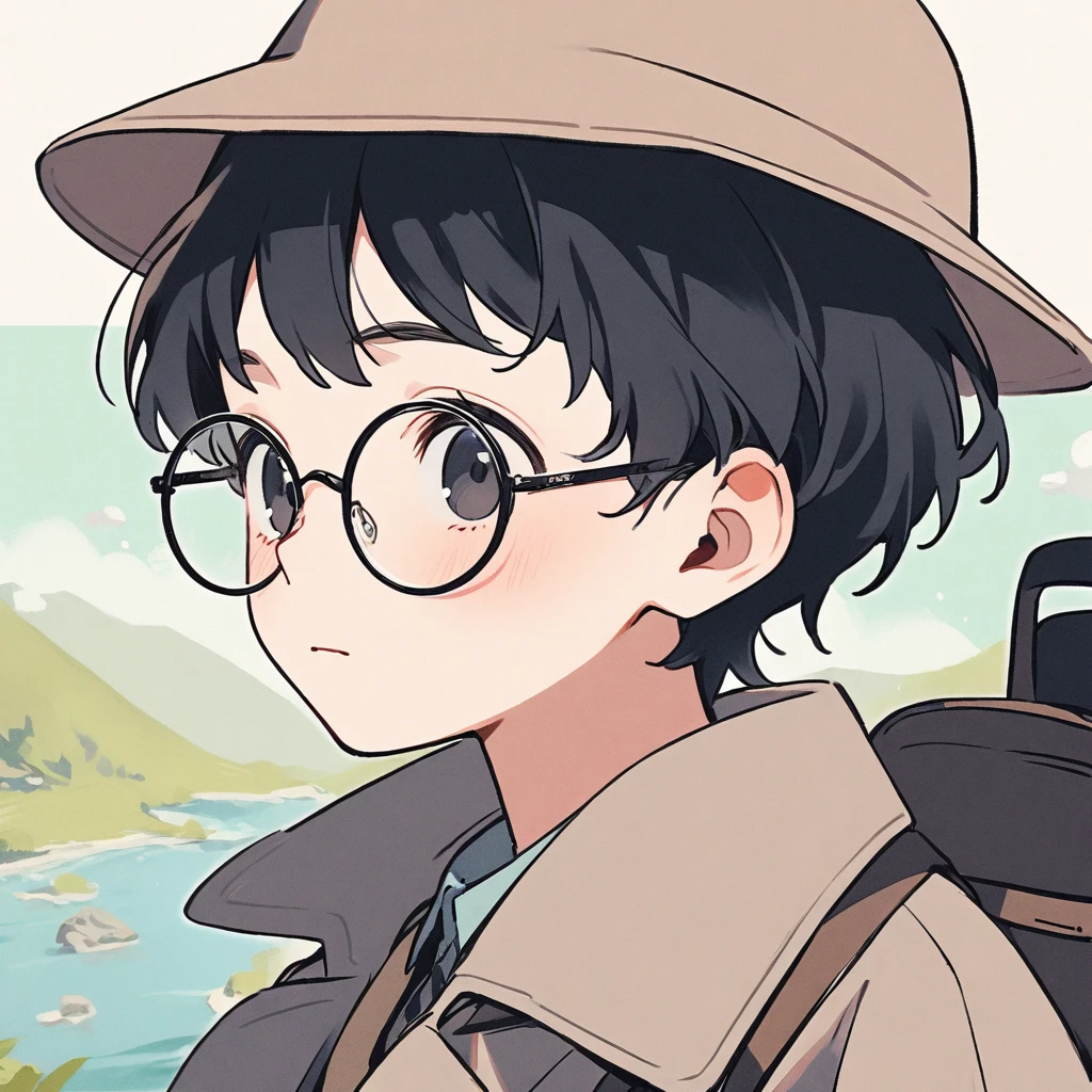 Boy, black hair, pastel colors, face close up, adventure, explorer, round glasses, simple, black eyes, cute, detective