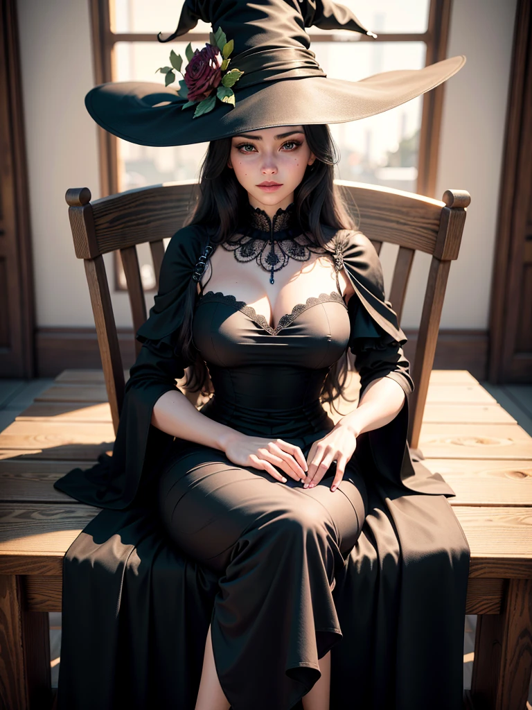 (best quality,4k,8k,highres,masterpiece:1.2),ultra-detailed,(realistic,photorealistic,photo-realistic:1.37),black long dress,big hat,witch clothes,sit on the chair