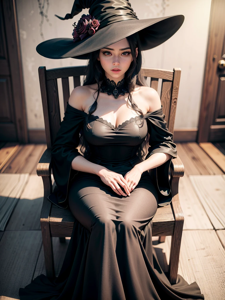 (best quality,4k,8k,highres,masterpiece:1.2),ultra-detailed,(realistic,photorealistic,photo-realistic:1.37),black long dress,big hat,witch clothes,sit on the chair