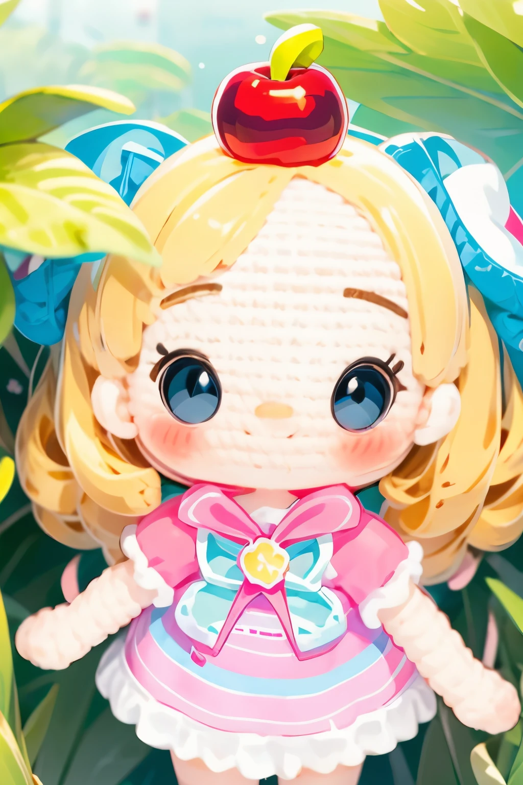 Photorealistic、Chibi Girl Doll（Apple-themed clothing、Have a magic wand、smile、Vibrant colors）