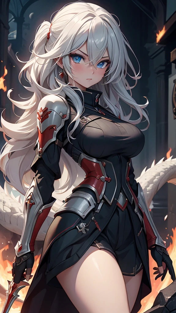 (masterpiece), (best quality), (high uqality), (8k), girl, (full-body), dragon armor, intricate details, red glow, short shilver hair, back messy hair, detailed hair strands, light blue eyes, dominance expression, walking in lesser caotic place as she rule the world, fire background, and dragons in the night sky, fierce aura, (high quality ilumination)