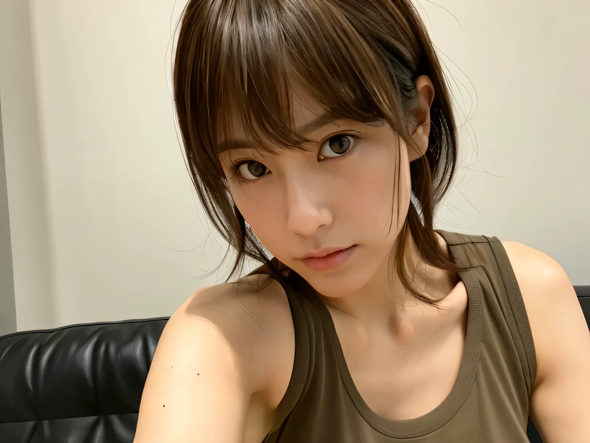 Look into the eyes,　Eye contact,　Front of face,　Front face,　face,　head,　Cross-legged,　indoor,　Brown Hair,　bangs,　Light clothing,　Tank top,　Sweat,　Sweaty,　Sweaty,　clavicle,　Cross-legged,　Light from below,　Chest